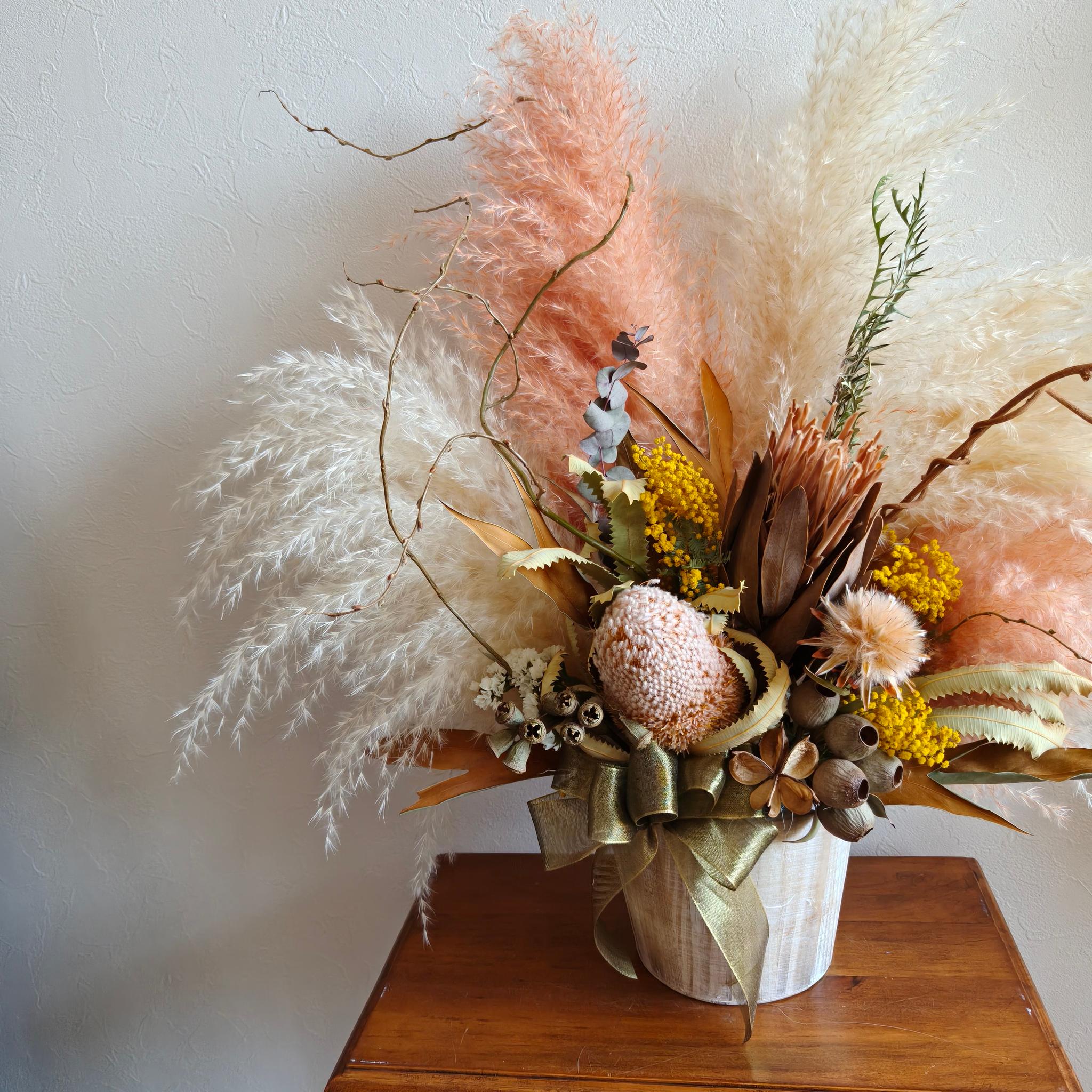 ワイルドフラワーとミモザのお祝い花L　パンパスグラス 開店祝い周年祝い新築祝い　インテリア店舗装飾　ドライフラワー | 6枚目